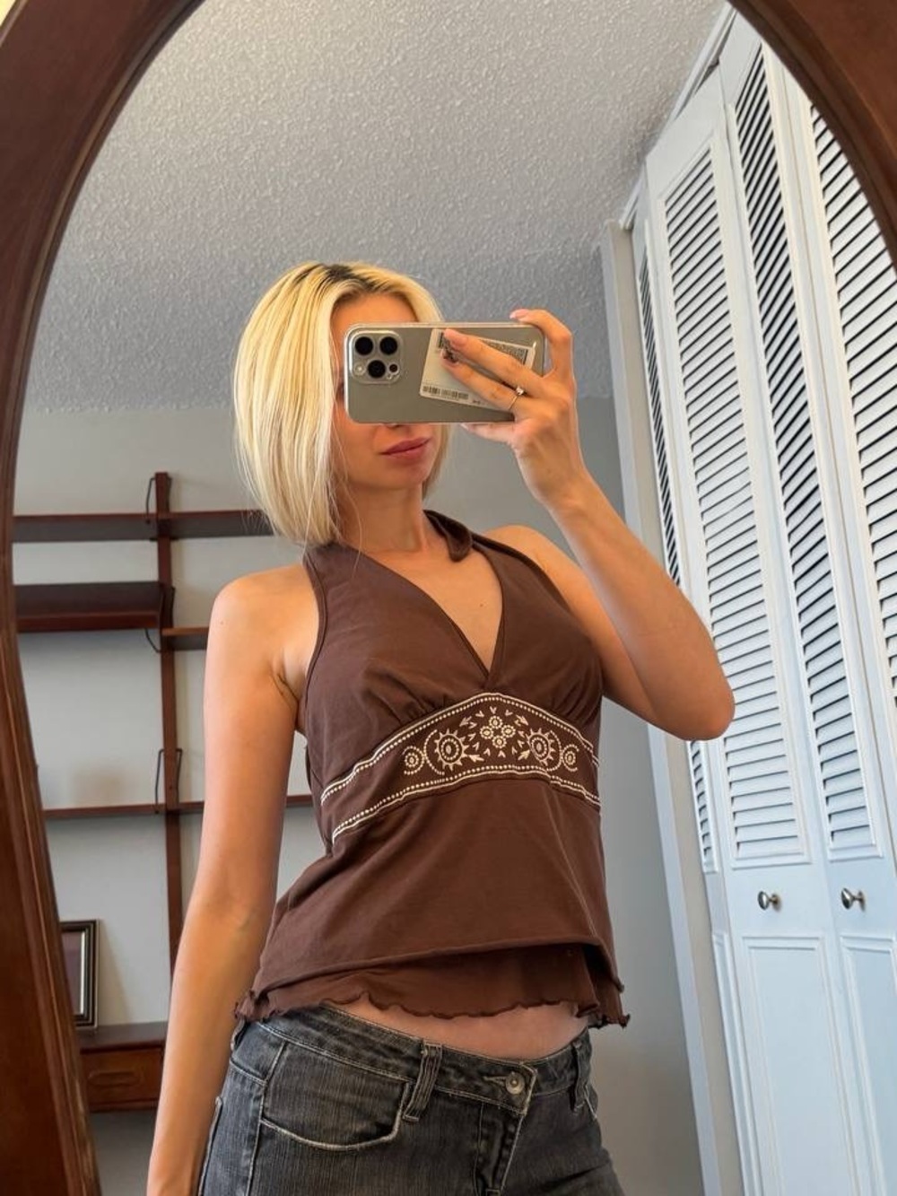 Vintage Brown Embroidered Halter Camisole